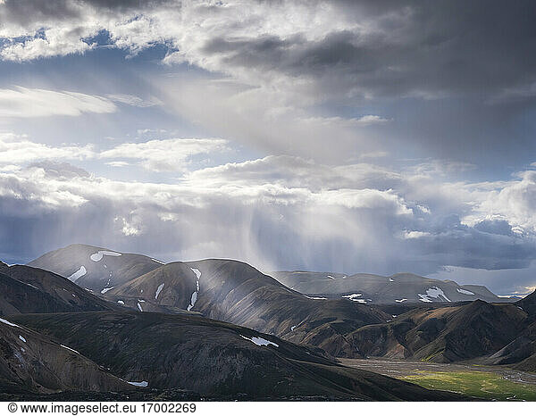Scenic view of white clouds over volcanic landscape of Landmannalaugar