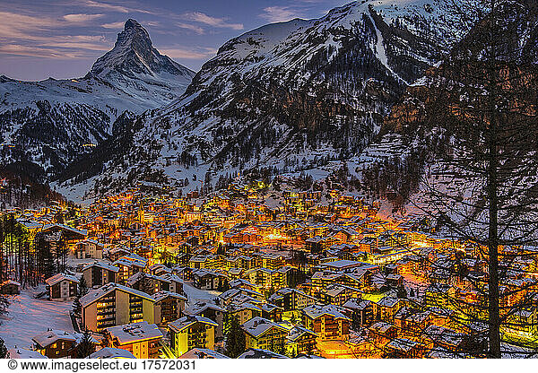 Scenic view of Zermatt and Matterhorn at twilight