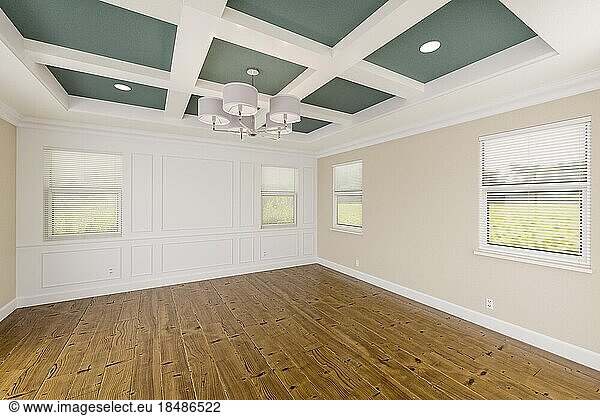 Schöne gedämpfte teal und tan benutzerdefinierte Master Schlafzimmer komplett mit gesamten Wandverkleidung Wand  frische Farbe  Krone und Basis Leisten  Hartholzböden und Kassettendecke