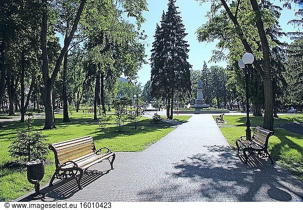 Schöner Stadtpark mit Promenadenweg  Bänken und großen grünen Bäumen. Stadtpark im Sommer. Platz zum Spazierengehen. Leere Bank im Stadtpark.