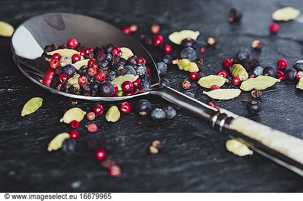 Schönes Detail eines Löffels und Gewürze roter Pfeffer  Kardamom  Wacholder.