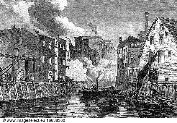 Schauplatz des Brandes am Hafenkopf  Bermondsey  London  England. 1864. Antike Illustration. 1867.