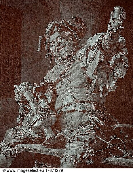 Schausteller mit Weinbecher und Krug in fröhlicher Stimmung  Historisch  digitale Reproduktion einer Originalvorlage aus dem 19. Jahrhundert