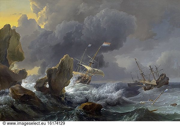 Schiffe in Seenot vor einer felsigen Küste  Ludolf Backhuysen  1667  National Gallery of Art  Washington DC  USA  Nordamerika.