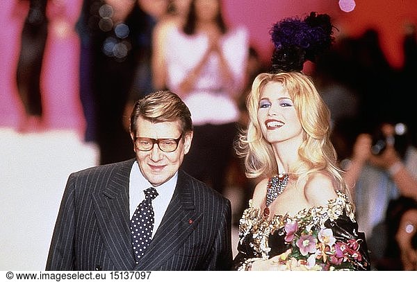 Schiffer  Claudia  * 25.8.1970  German Model  half length  with Yves Saint Laurent  during fashion show  1990s