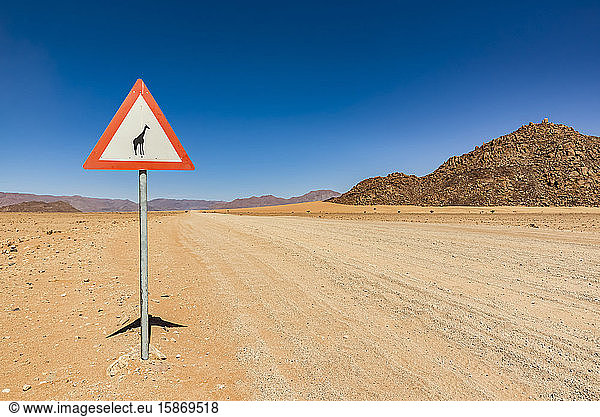 Schild Achtung Wildtiere an einer langen trockenen Straße  Namib-Wüste  Namib-Naukluft-Nationalpark; Namibia