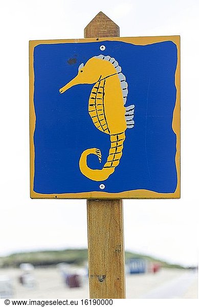Schild mit Symbol Seepferdchen  Weg zum Strand  Nordseeinsel Juist  Niedersachsen  Deutschland  Europa