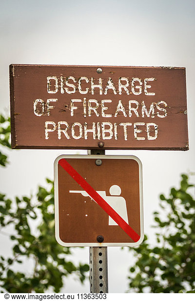 Schild zum Verbot des Gebrauchs von Schusswaffen  Beluga Point Lookout  Seward Highway  Alaska  USA