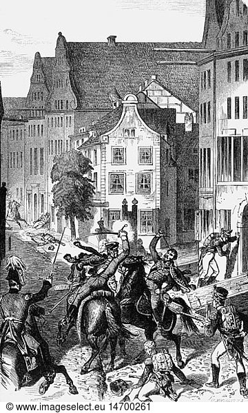 Schill  Ferdinand von  6.1.1776 - 31.5.1809  preuÃŸ. Offizier  Tod  fÃ¤llt beim StraÃŸenkampf in Stalsund  Xylografie nach Zeichnung von Ludwig Burger  19. Jahrhundert