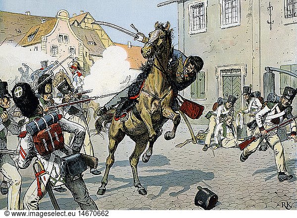 Schill  Ferdinand von  6.1.1776 - 31.5.1809  preuÃŸ. Offizier  Tod  fÃ¤llt beim StraÃŸenkampf in Stalsund  Zeichnung von Richard KnÃ¶tel  19. Jahrhundert