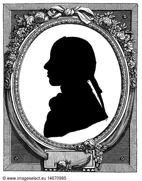 Schiller  Friedrich  10.11.1759 - 9.5.1805  German author / writer  poet  portrait  profile  as student of the Karlsschule military academy  Stuttgart  wood engraving  19th century  after silhouette  1770s