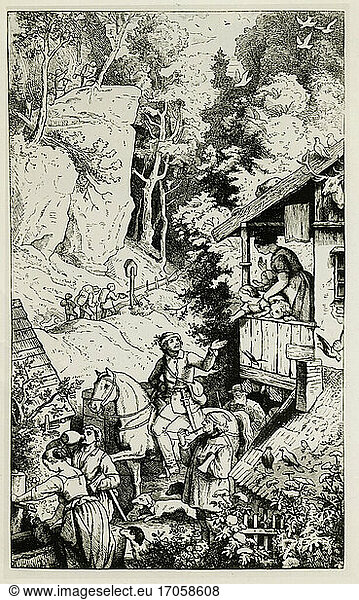 Schiller  Friedrich of  1759–1805.
WeLke: The Song of the Bell (poem  1799).
– “man’s life .
(“The man must go out / into hostile lives. )
Woodcut  1857  by Ludwig Richter (1803–1884).
From the sequence: Schiller’s song of the bell in pictures by Ludwig Richter.