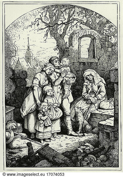 Schiller  Friedrich of  1759–1805.
Works: The song of the bell.
– “On the Burning Site .
(“He counts the heads of his loved ones / and see  he does not lack an expensive head. )
Woodcut  1857  by Ludwig Richter (1803–1884).
From the sequence: Schiller’s song of the bell in pictures by Ludwig Richter.