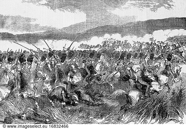 Schlacht von Balaclava  25. Oktober 1854. Angriff der Scots Greys. Krimkrieg. Antike Illustration. 1857.