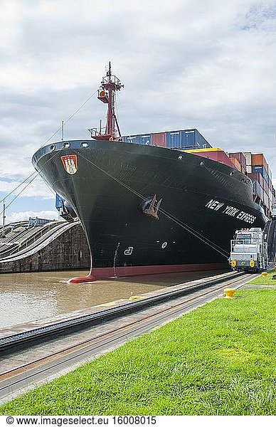 Schlepplokomotiven (Maultiere)  die ein Containerschiff durch den Panamakanal an den Miraflores-Schleusen in der Nähe von Panama City  Panama  ziehen.