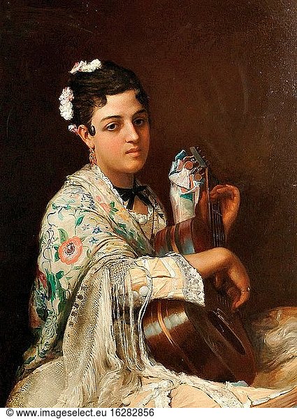 Schlesinger Henri Guillaume - Portrait of a Spanish Lady Playing the Guitar - French School - 19th and Early 20th Century.