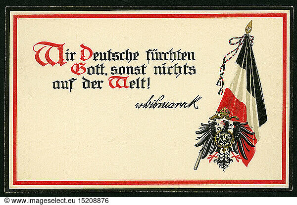 Schleswig-Holstein  Friedrichsruh  WW I  propaganda  patriotic postcard with the text ' We German fear God  nothing else in the world ! - von Bismarck '  and the black-white-red flag  around 1914.