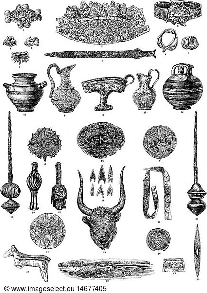 Schliemann  Heinrich  6.1.1822 - 26.12.1890  German archeologist  appliance  pieces of jewellery and weapons out of the excavation of Mycenae  detailed legend on the reverse