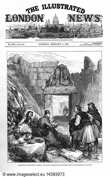 Schliemann"s excavations at Mycenae. "Illustrated London News" artist sketching in front of the Lion gateway at Myceneae 1877. Engraving.