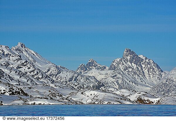 Schneebedeckte Berge  Fjord  menschenleere Weite  Grönland  Westgrönland  Arktis  Dänemark  Nordamerika