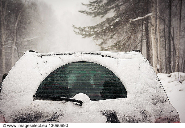 Schneebedecktes Auto im Wald