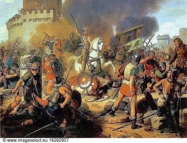 Schnetz Jean Victor - Graf Eudes verteidigt Paris gegen die Normannen - Französische Schule - 19. und frühes 20. Jahrhundert.