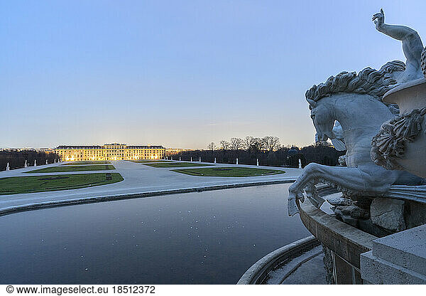 Schonbrunn Palace and gardens view from Neptune Fountain  Vienna