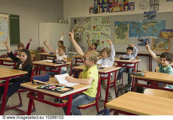 School children with raised hands in classroom  Munich  Bavaria  Germany