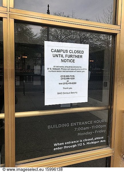 School of the Art Institute of Chicago  campus closed due to Coronavirus sign on door  Chicago  Illinois.
