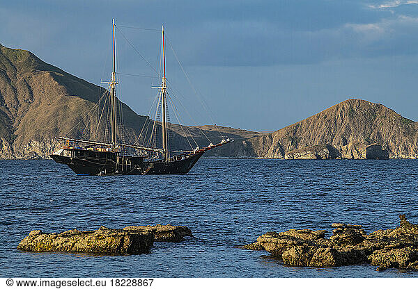 Schooner anchored at east Nusa Tenggara island in Komodo