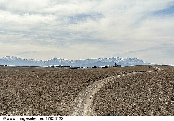 Schotterstraße durch die Agafay-Wüste  die zum Atlasgebirge führt  Marokko  Afrika