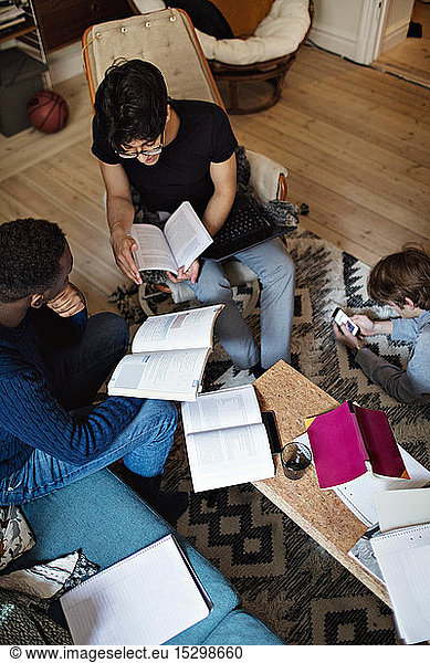 Schrägansicht von Freunden beim Lernen  während ein Teenager zu Hause soziale Medien auf dem Teppich benutzt