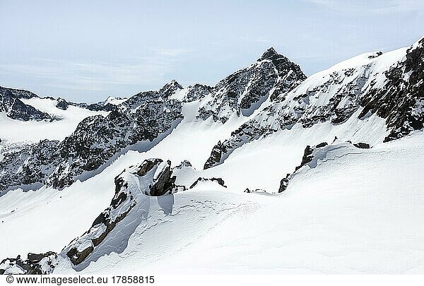 Schrandele and Wildgradspitze  high mountains with glacier Lisener Ferner  mountains in winter  aerial view  Stubai Alps  Tyrol  Austria  Europe