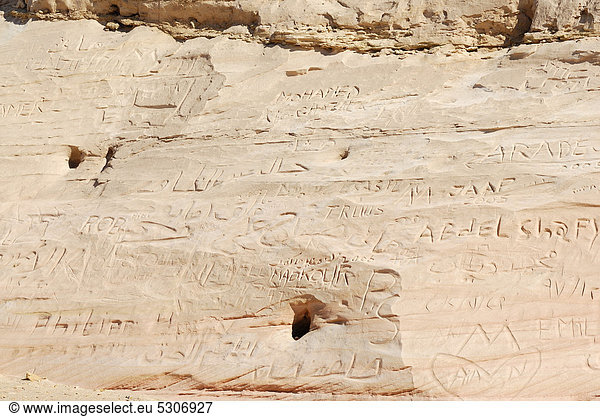 Schriftzeichen im Fels  zwischen Oase Dakhla und Oase Kharga  Libysche Wüste  Sahara  Ägypten  Afrika