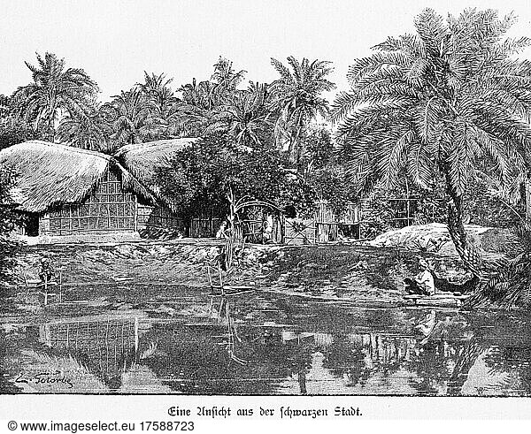 Schwarze Stadt  Teich  Häuser  Hütten  Palmen  Tropen  Garten  Reetdach  Wasser  Spiegelung  historische Ilustration von 1897  Kalkutta  Indien  Asien