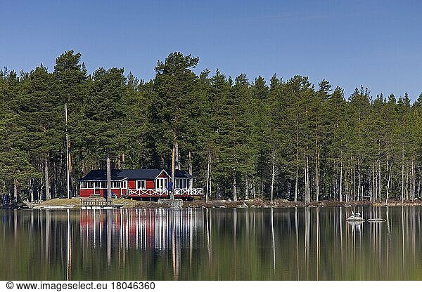 Schwedische rote Holzhütte am See im Frühling  Dalarna  Schweden  Europa