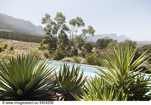 Schwimmbad mit Aloe-Pflanzen im Vordergrund in hügeliger Landschaft