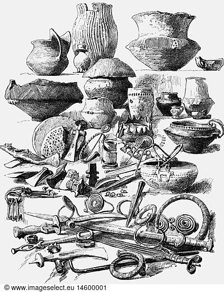science  arceology  artefacts from the Bronze Age (circa 2200 - 1200 BC)  wood engraving  Germany  19th century  bowls  bowl  sword  swords  knife  knives  pot  pots  necklace  prehistory  armlet  prehistoric  historic  historical  ancient world