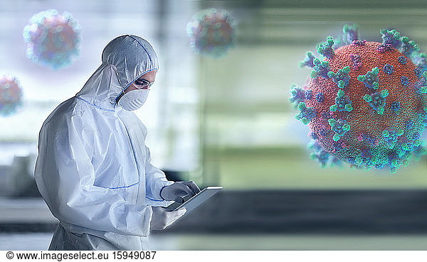 Scientist in clean suit researching coronavirus in laboratory
