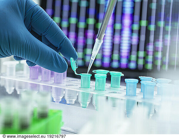 Scientist pipetting DNA sample into eppendorf tube