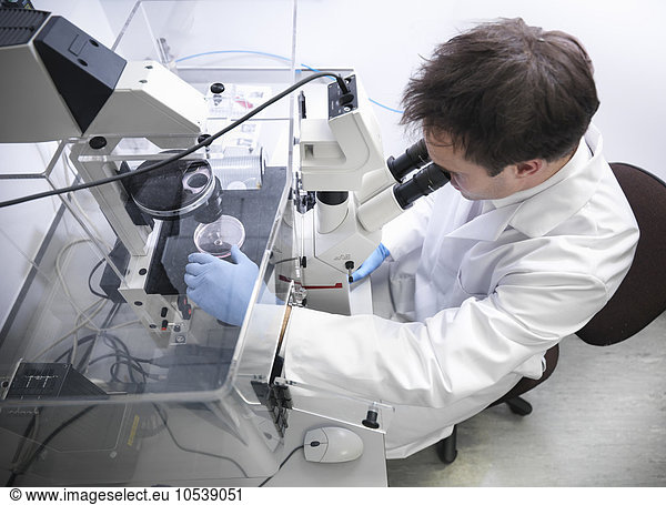 Scientist using microscope in lab