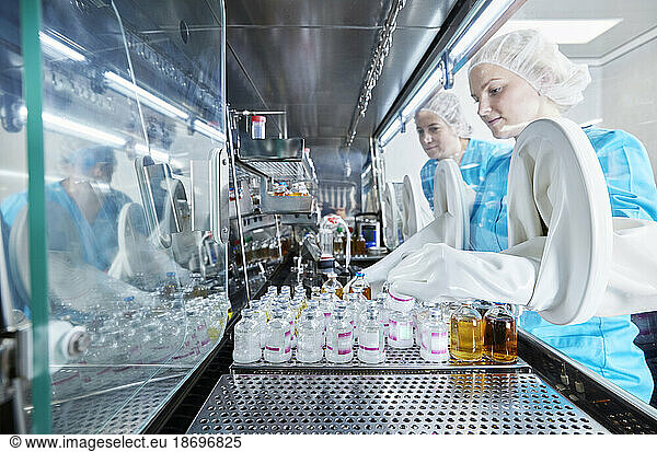 Scientists working with chemical bottles inside microbiological safety cabinet