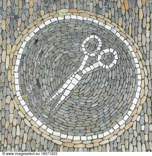 Scissors as ornament in front of a hairdresser's shop  pavement mosaic on the pavement  Freiburg im Breisgau  Baden-Württemberg  Germany  Europe