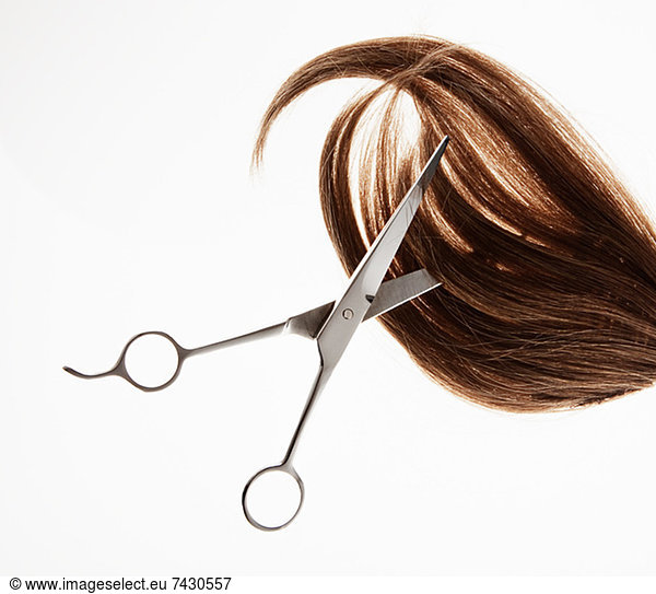 Scissors cutting through brunette hair