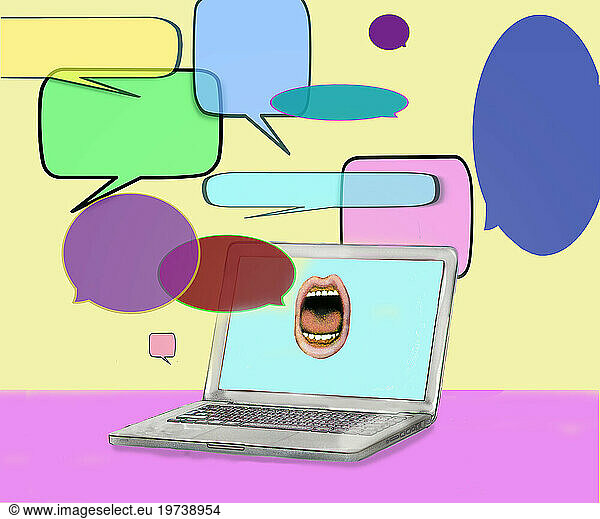 Screaming mouth on laptop screen with speech bubbles