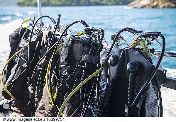 scuba diving gear ready set up for a dive at Ilha Grande