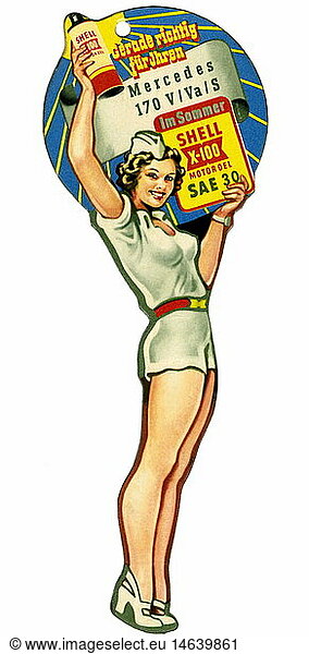 sdvertising  Shell engine oil  Germany  circa 1951  motor  X-100  woman  women  girl  figure  advertisement  sexy  erotic  legs  Pinup  Pin Up  reclame  clipping  cut out  1950s  50s  historic  historical  20th century  cut-out  cut-outs  people  female