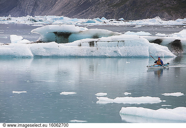 Sea kayakers paddling in glacial lagoon at a glacier terminus on the coast of Alaska