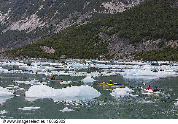 Sea kayakers paddling in glacial lagoon at a glacier terminus on the coast of Alaska