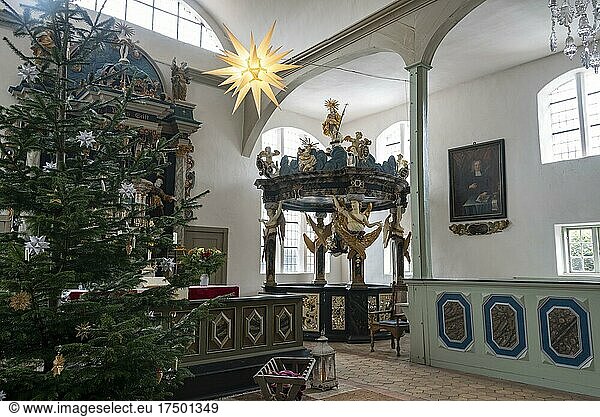 Seamen's Church  Herrnhut Star  Christmas Tree  Altar  Prerow  Mecklenburg-Western Pomerania  Germany  Europe
